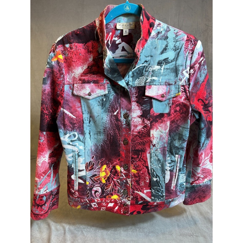 St. John Sport Marie Gray Button Up Wearable Art Jacket Asian Graffiti    USA  M